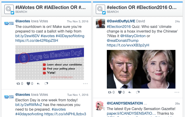 A Twitter feed of market specific hashtags next to a feed of national election hashtags