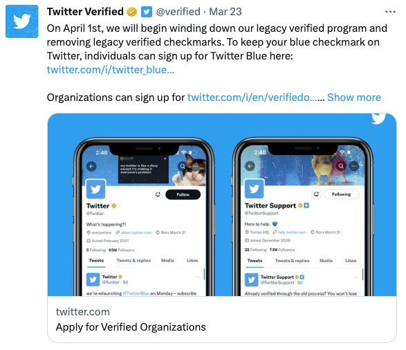 Twitter's legacy 'verified' checkmarks are going away in a few months